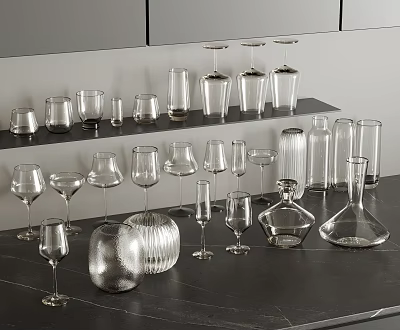 Wine Glasses And Decanters Showcased In Modern Shelf And Counter 3d model Wine Glasses And Decanters Showcased In Modern Shelf And Counter 3d model