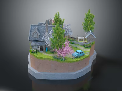 Cartoon Scene with Small House Trees Pink Flowers Blue Car and Green Grass Path 3d model