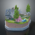 Cartoon Scene with Small House Trees Pink Flowers Blue Car and Green Grass Path
