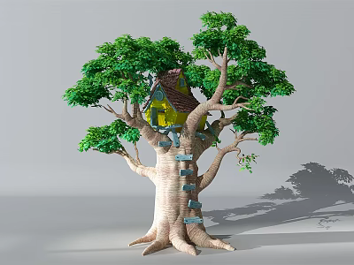 Cartoon Scene Featuring Big Tree With Treehouse Ladder And Green Leaves 3d model