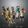 Group Of Anthropomorphic Animal Characters And Skeleton Creature In Colorful Costumes With Hats And Scarves