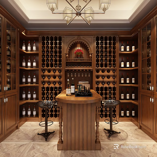 Classic Wine Cellar With Wooden Racks Bottles Central Bar And Bar Stools 3d model