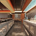 Modern Restaurant Interior With Buffet Tables Marble Countertops Open Layout And Displayed Dishes