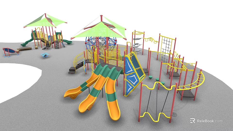 Colorful Outdoor Playground Equipment with Slides Climbing Frames Swings and Canopies 3d model 