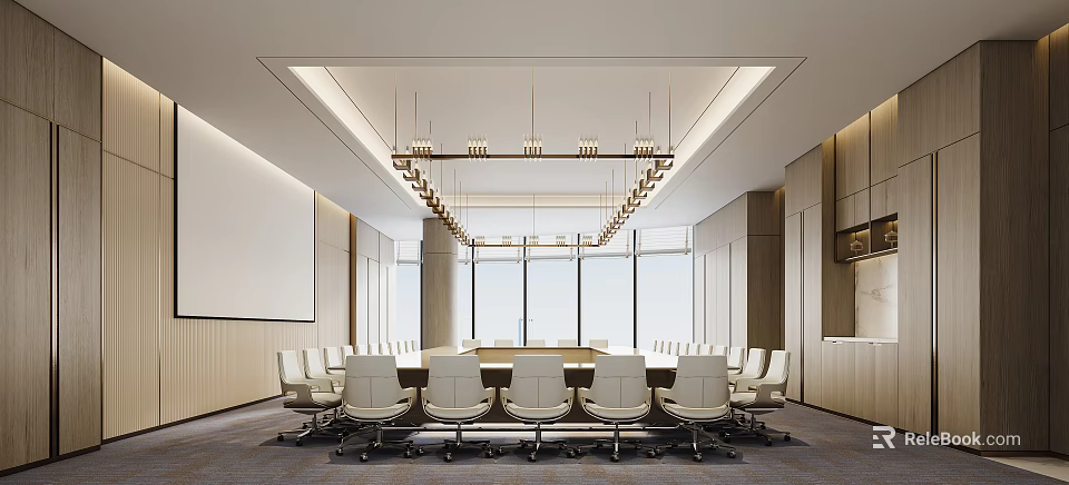 Modern Spacious Conference Room Interior With Long Table White Chairs Large Windows And Pendant Lights 3d model 