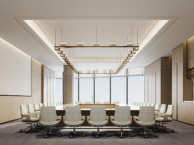 Modern Spacious Conference Room Interior With Long Table White Chairs Large Windows And Pendant Lights 3d model