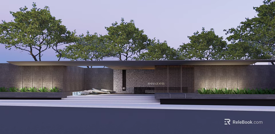 Modern Entrance Gate Design With Brick Walls Glass Panels Trees And Stone Steps 3d model 
