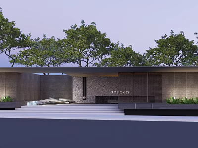 Modern Entrance Gate Design With Brick Walls Glass Panels Trees And Stone Steps 3d model