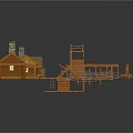 Orange Wooden Architectural Model Components With Small Houses Stairs And Platforms