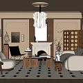 Elegant Living Room With Cozy Sofa Geometric Rug Modern Chandelier And Fireplace