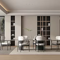 Modern Elegant Restaurant Interior With Dining Table Chairs Bookshelves And Green Plant