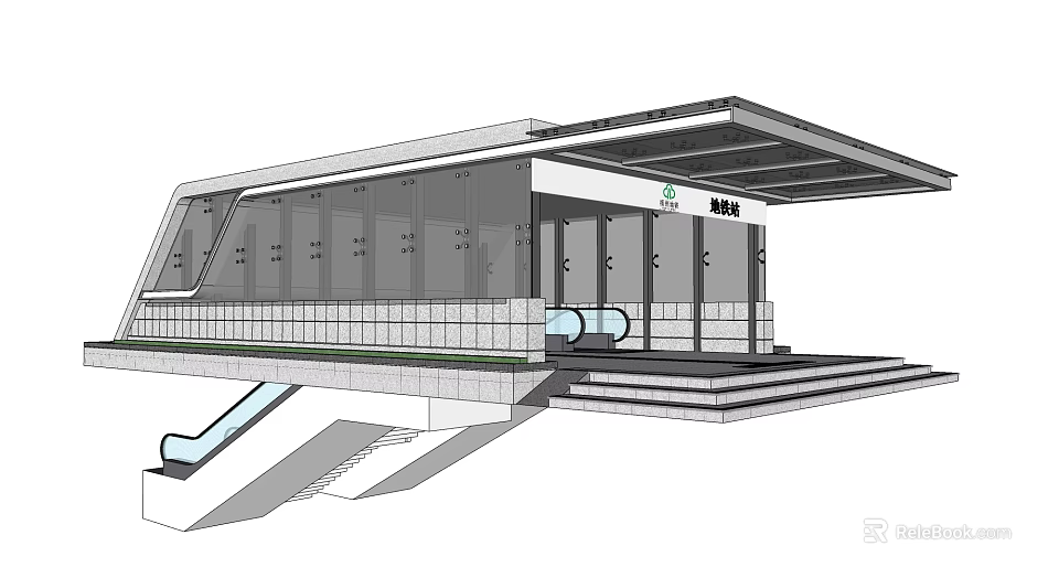 Modern Station Exterior Design With Canopy Entrance And Escalator Access 3d model 