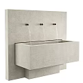 Modern Concrete Washbasin With Three Faucets And Flowing Water On Wall