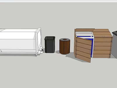 Public Facilities With Various Waste Bins And Wooden Storage Cabinets In Public Area 3d model
