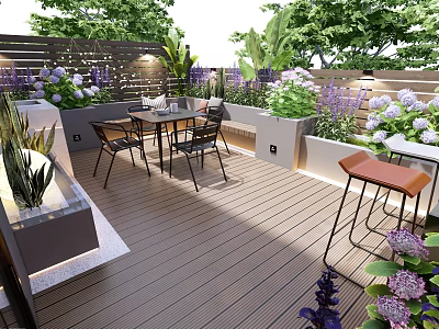 Modern Courtyard Garden with Wooden Deck Outdoor Dining Table Chairs and Colorful Flowers in Planters 3d model