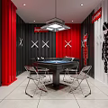 Modern Hotel Mahjong Room With Black Red Walls White Bears Metal Chairs And Pendant Light