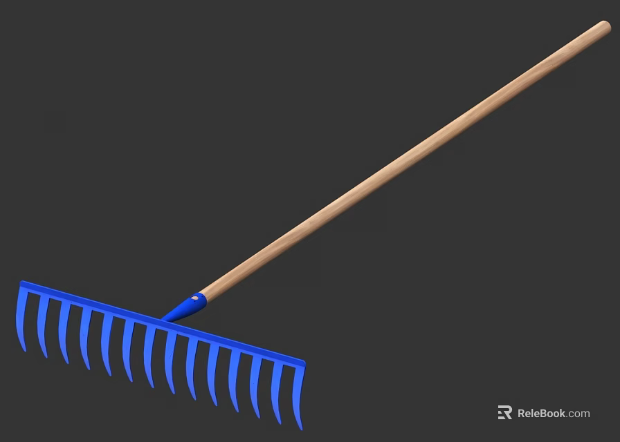 Sturdy Blue Garden Rake With Wooden Handle And Sharp Metal Tines For Outdoor Use 3d model 