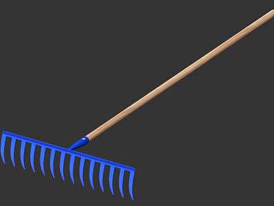 Sturdy Blue Garden Rake With Wooden Handle And Sharp Metal Tines For Outdoor Use 3d model