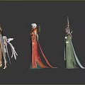 Fantasy Characters And Mythical Beings With Halos Holding Staves On Dark Background Reflections