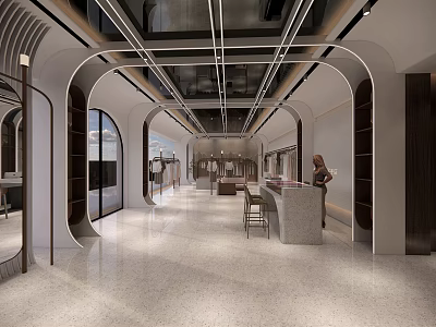 Modern Clothing Store Interior Design With Arched Structures Bright Lighting And Display Areas 3d model
