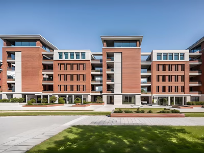 Modern Multi Story School Building With Red Brick Exterior Large Windows And Green Lawn 3d model