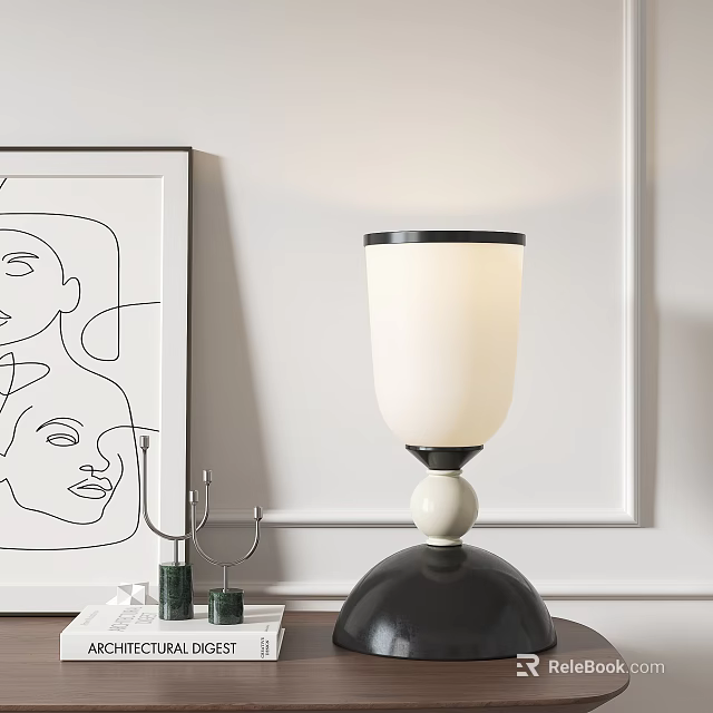 Modern Minimalist Table Lamp With White Lampshade Black Base And Abstract Painting On Desk 3d model 