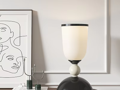Modern Minimalist Table Lamp With White Lampshade Black Base And Abstract Painting On Desk 3d model