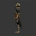 3D Rendered Samurai Armor in Black and Gold with Orange Sash and Ornate Details