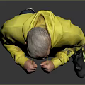 A Man In Yellow Hoodie With COMFORT Text Blue Jeans Colorful Sneakers Against Grey Background