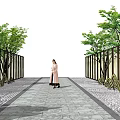 Landscape Wall Design With Green Trees And Wavy Decorative Elements On Stone Pavement 3d model