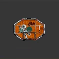 Cartoon Scene Octagonal Structure With Orange Wall Astronaut Kicking Green Cube BOOM Text Graffiti Style