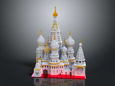 Cartoon Style Castle Scene With White Domes Golden Accents Pink Body And Red Base 3d model
