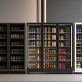 Commercial Glass Door Refrigerators Freezers Stocked with Beverages Canned Goods Black White Models