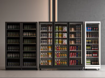 Commercial Glass Door Refrigerators Freezers Stocked with Beverages Canned Goods Black White Models 3d model