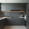 Modern Gray Kitchen Interior With Tile Backsplash Gas Stove And Range Hood