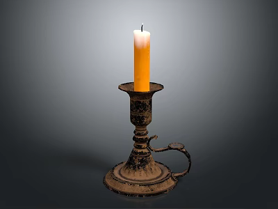 Vintage Candlestick Holder With Lit Yellow Candle And Ornate Design 3d model