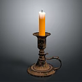 Vintage Candlestick Holder With Lit Yellow Candle And Ornate Design