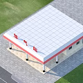 Gas Station Exterior With Red And White Roof Columns And Green Lawn