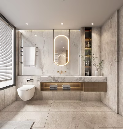 Modern Bathroom With Marble Backlit Mirror Smart Toilet And Floating Vanity 3d model