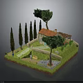 Cozy Cottage Courtyard Featuring Red Roof Cypress Trees Stone Path Green Lawn And Wooden Bench