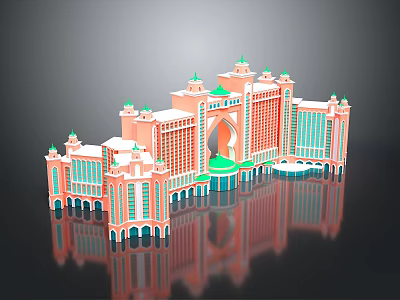 Elegant Pink Green Palace Architectural Model With Multiple Towers Dome Arches And Reflection 3d model