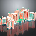 Elegant Pink Green Palace Architectural Model With Multiple Towers Dome Arches And Reflection