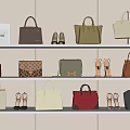 Fashionable Designer Bags in Multiple Colors and Styles on Retail Shelves with Shoes