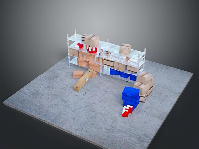 Practical Storage Shelving Unit With Cardboard Boxes And Scattered Blue Items Around 3d model