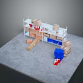 Practical Storage Shelving Unit With Cardboard Boxes And Scattered Blue Items Around 3d model