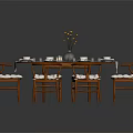Round Wooden Dining Table Set with Six Upholstered Chairs Tableware and Flower Vase
