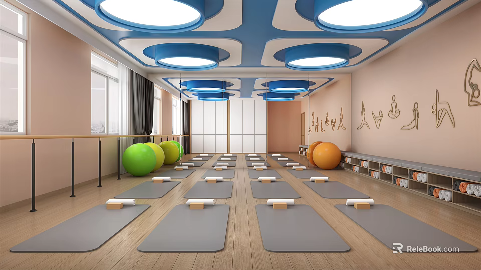 Yoga Fitness Studio With Aligned Mats Colored Exercise Balls Yoga Pose Murals And Wooden Flooring 3d model 