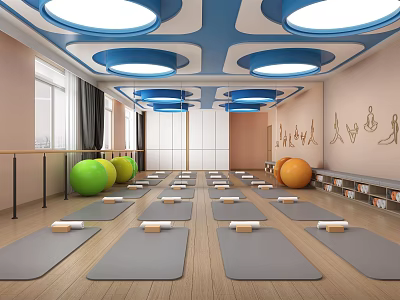 Yoga Fitness Studio With Aligned Mats Colored Exercise Balls Yoga Pose Murals And Wooden Flooring 3d model