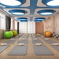 Yoga Fitness Studio With Aligned Mats Colored Exercise Balls Yoga Pose Murals And Wooden Flooring