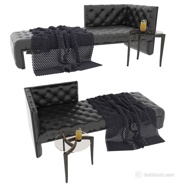 Black Leather Tufted Chaise Lounge with Modern Side Table and Blanket 3d model 